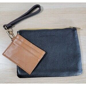 Aimee Kestenberg Wristlet Wallet Coin Purse Zip Closure Pouch Black Tan Gold